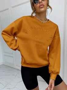 SHEIN LUNE Drop Shoulder Letter Embroidery Pullover - Orange - View 1