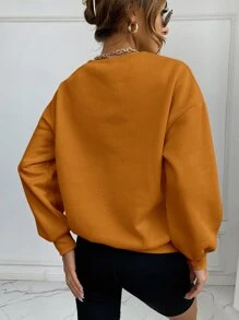 SHEIN LUNE Drop Shoulder Letter Embroidery Pullover - Orange - View 2