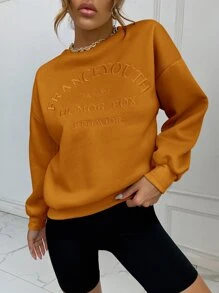 SHEIN LUNE Drop Shoulder Letter Embroidery Pullover - Orange - View 3