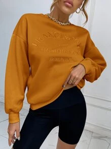 SHEIN LUNE Drop Shoulder Letter Embroidery Pullover - Orange - View 5