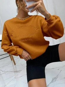 SHEIN LUNE Drop Shoulder Letter Embroidery Pullover - Orange - View 6