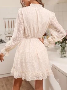 Chiquease Jacquard Mock Neck Flounce Sleeve Ruffle Hem Dress - Apricot - View 2