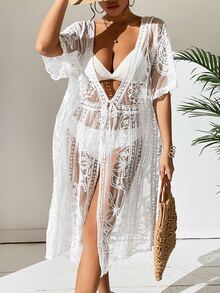 Embroidery Mesh Tie Front Kimono Without Bikini - White - View 6