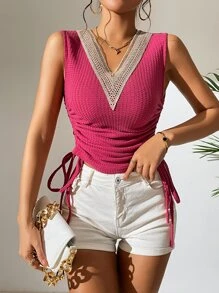 Chiquease Guipure Lace Panel Drawstring Side Tank Top - Hot Pink - View 3