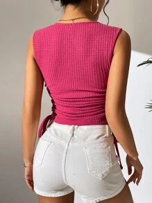 Chiquease Guipure Lace Panel Drawstring Side Tank Top - Hot Pink - View 4