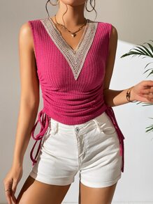 Chiquease Guipure Lace Panel Drawstring Side Tank Top - Hot Pink - View 2