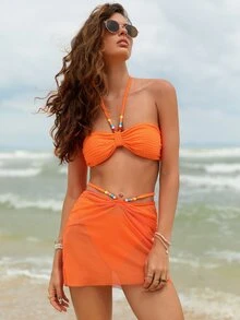 Plain Smocked High Cut Summer Beach Bikini Set - Orange - View 4