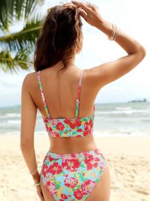 Floral Print High Waisted Summer Beach Bikini Set - Multicolor - View 2