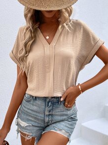 SHEIN LUNE 缺口領蝙蝠袖襯衫 - 杏色 - 查看 3