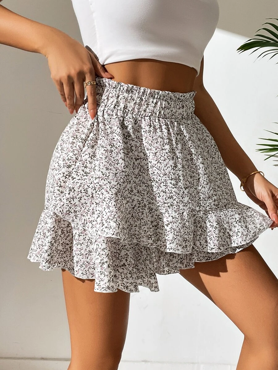 Breezaya 小碎花荷葉邊紙袋腰裙裤 - 杏色 - 查看 1