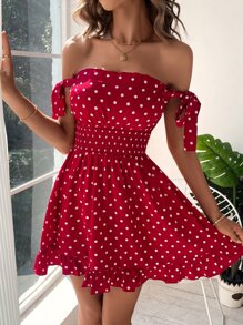 SHEIN VCAY Đầm Viên lá sen Thắt nút Dải chun Chấm bi Giải trí - Màu Đỏ Sâu - Xem 1