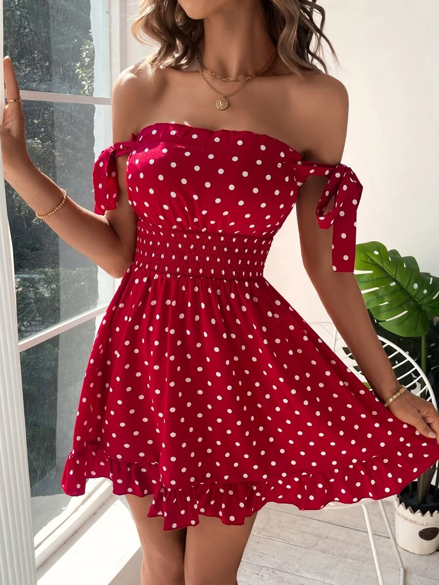 SHEIN VCAY Đầm Viên lá sen Thắt nút Dải chun Chấm bi Giải trí - Màu Đỏ Sâu - Xem 1