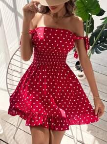 SHEIN VCAY Đầm Viên lá sen Thắt nút Dải chun Chấm bi Giải trí - Màu Đỏ Sâu - Xem 3