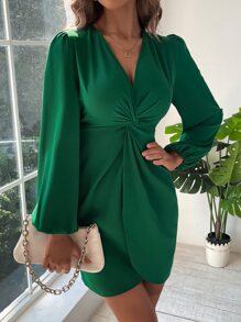 SHEIN Clasi Twist Front Lantern Sleeve Dress - Green - View 4