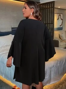 SHEIN Clasi Plus Solid Flounce Sleeve Dress - Black - View 2