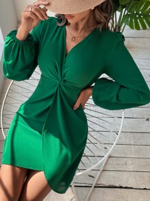 SHEIN Clasi Twist Front Lantern Sleeve Dress - Green - View 6