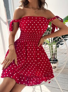 SHEIN VCAY Đầm Viên lá sen Thắt nút Dải chun Chấm bi Giải trí - Màu Đỏ Sâu - Xem 6