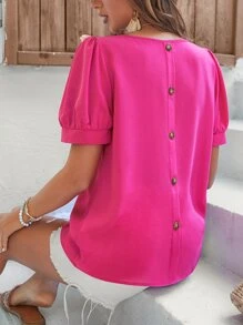 SHEIN LUNE Button Back Puff Sleeve Blouse - Hot Pink - View 2