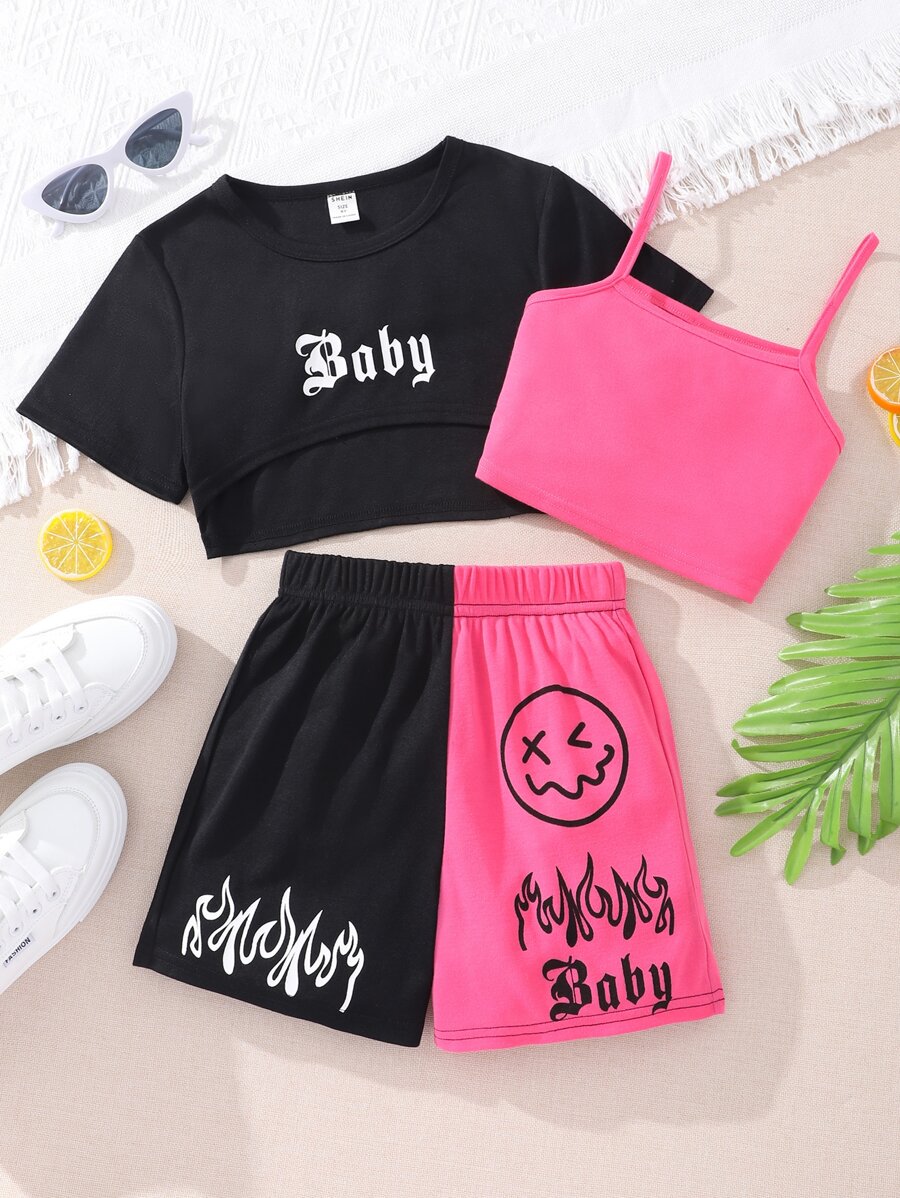 Tween Girl Crop Tee & Cami Top & Letter & Expression Print Shorts - Multicolor - View 1