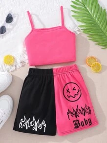 Tween Girl Crop Tee & Cami Top & Letter & Expression Print Shorts - Multicolor - View 6