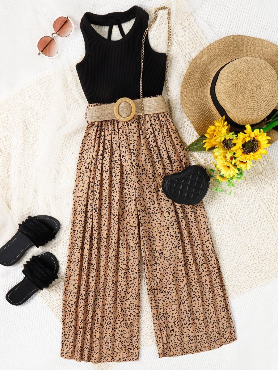 Girls Halter Top & Allover Print Belted Wide Leg Trousers - Multicolor - View 1