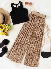 Girls Halter Top & Allover Print Belted Wide Leg Trousers - Multicolor - View 2