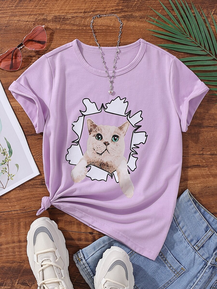 Chicas 1 pieza Camiseta con estampado de gato - Lila Púrpura - Ver 1