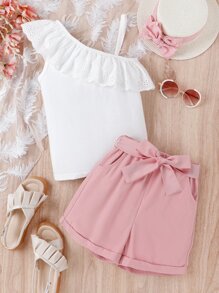 SHEIN Vintaside Kids Tween Girl Asymmetrical Neck Eyelet Embroidery Ruffle Trim Top & Shorts