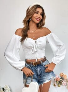 SHEIN VCAY Off Shoulder Knot Front Crop Blouse - White - View 5