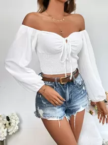 SHEIN VCAY Off Shoulder Knot Front Crop Blouse - White - View 3