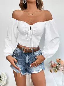 SHEIN VCAY Off Shoulder Knot Front Crop Blouse - White - View 4