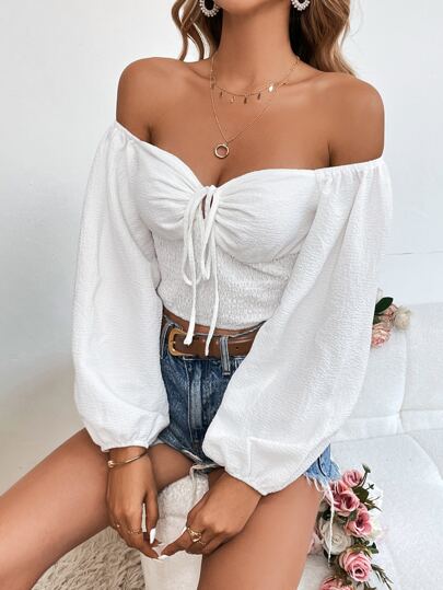 SHEIN VCAY 一字肩前打結短款襯衫