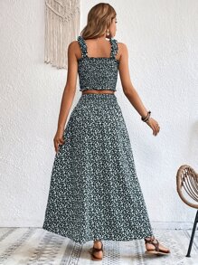 SHEIN VCAY 小碎花寬背帶上衣和高衩半身裙 - 彩色 - 查看 2