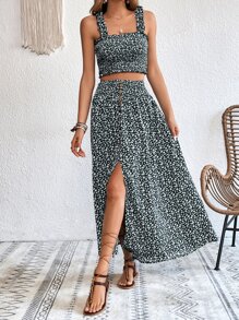 SHEIN VCAY 小碎花寬背帶上衣和高衩半身裙 - 彩色 - 查看 4