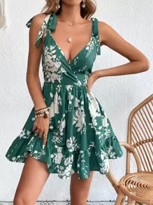 SHEIN VCAY Đầm Lộ Lưng Thắt nút Viên lá sen Trọn gói Hoa Boho - màu xanh lá - Xem 1
