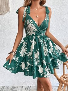 SHEIN VCAY Đầm Lộ Lưng Thắt nút Viên lá sen Trọn gói Hoa Boho - màu xanh lá - Xem 6