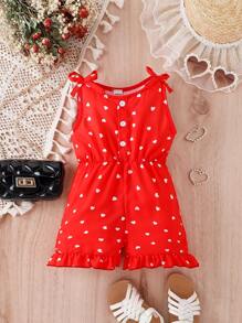 Bebé Mono con estampado de corazón de hombros con cordón bajo con fruncido - Rojo - Ver 1