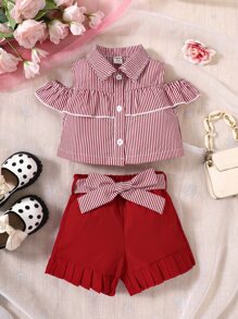 Bebé Shorts con blusa de rayas de hombros descubiertos ribete con fruncido - Rojo y blanco - Ver 1