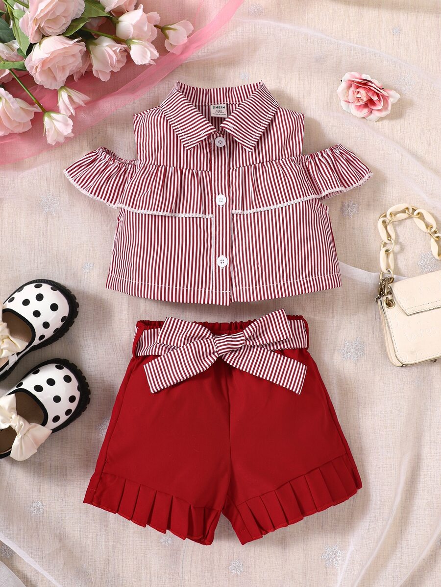 Bebé Shorts con blusa de rayas de hombros descubiertos ribete con fruncido - Rojo y blanco - Ver 1
