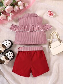 Bebé Shorts con blusa de rayas de hombros descubiertos ribete con fruncido - Rojo y blanco - Ver 2