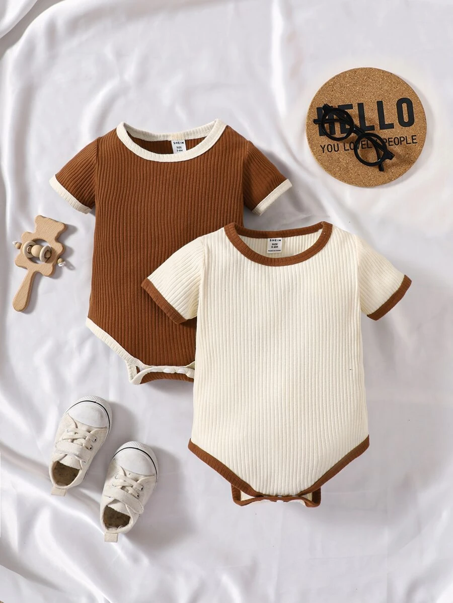 Baby 2pcs Contrast Binding Bodysuit - Multicolor - View 1