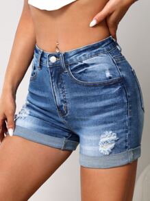 SHEIN PETITE Ripped Roll Up Hem Denim Shorts - Dark Wash - View 1