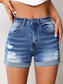 SHEIN PETITE Ripped Roll Up Hem Denim Shorts - Dark Wash - View 3