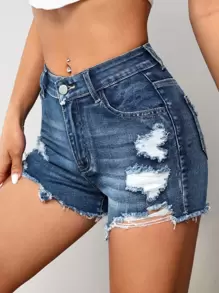 SHEIN PETITE Shorts mezclilla desgarro bajo crudo - Azul lavado medio - Ver 1