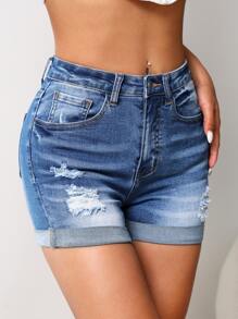 SHEIN PETITE Ripped Roll Up Hem Denim Shorts - Dark Wash - View 4