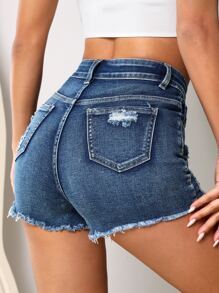SHEIN PETITE Shorts mezclilla desgarro bajo crudo - Azul lavado medio - Ver 2