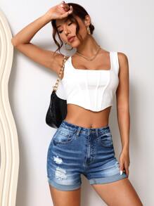 SHEIN PETITE Ripped Roll Up Hem Denim Shorts - Dark Wash - View 5