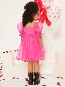 SHEIN 年轻女孩公主领泡泡袖欧根纱拼布连衣裙，适合表演、婚礼、派对和生日