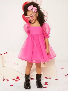 SHEIN 年轻女孩公主领泡泡袖欧根纱拼布连衣裙，适合表演、婚礼、派对和生日