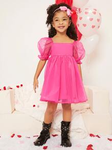 SHEIN 年轻女孩公主领泡泡袖欧根纱拼布连衣裙，适合表演、婚礼、派对和生日